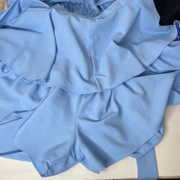 Women's Baby Blue Lace Bust Ruffled Sleeve Layered Hem Romper Waist Tie XXL - Picture 5 of 8